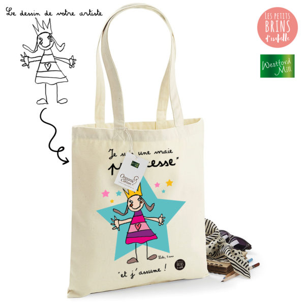 Sac Cabas Tote Bag personnalisé avec le dessin de votre enfant sublimé - Je suis une vraie princesse