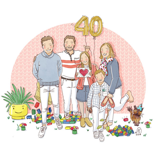 illustration portrait de famille illustré et personnalisé pour un anniversaire