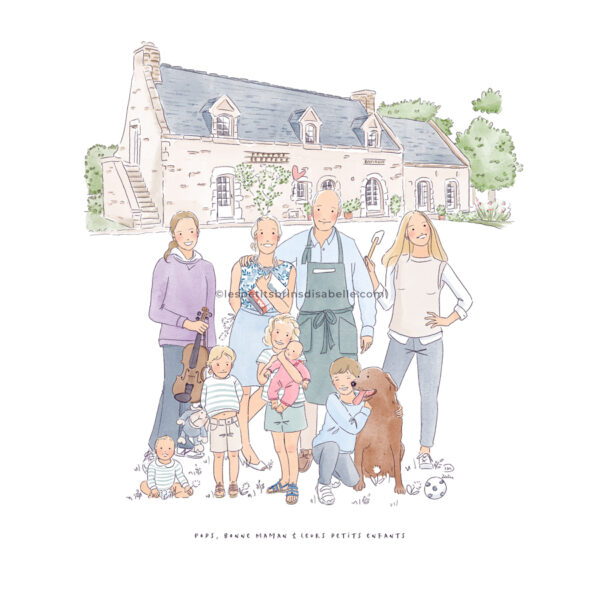 Portrait de famille illustré - Grands parents et leurs petits enfants - Maison de famille - Illustration originale Les Petits Brins d'Isabelle - Tous droits réservés