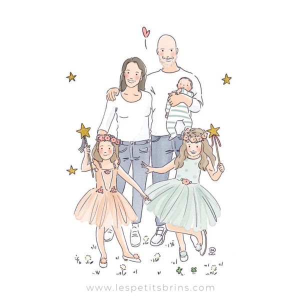 Portrait de famille illustré personnalisé. Illustration de naissance.