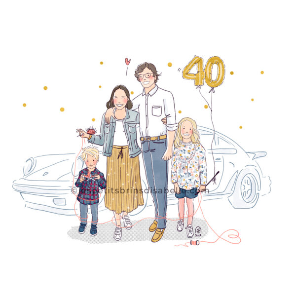 Portrait de famille illustré anniversaire sur mesure - Illustration originale Isabelle Monnerot-Dumaine. Les Petits Brins d'Isabelle