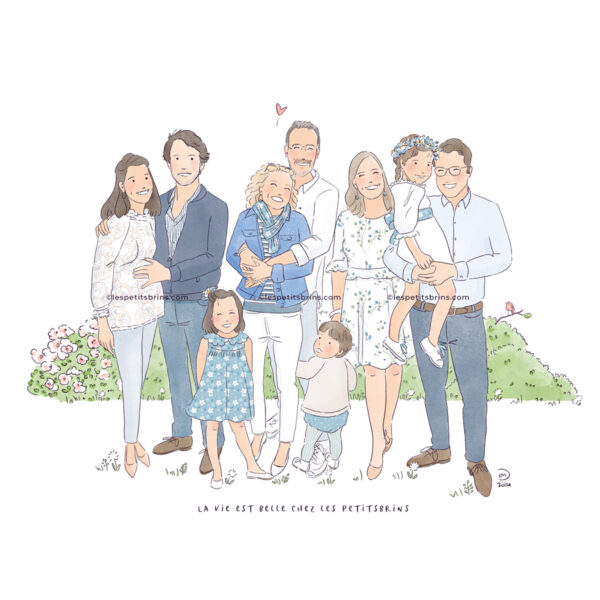 Portrait de famille illustré - Grands parents et leurs petits enfants - Maison de famille - Illustration originale Les Petits Brins d'Isabelle - Tous droits réservés