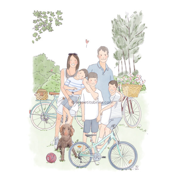 Portrait de famille illustré sur mesure - Famille 5 personnes - Vélos, chien, campagne - Illustration originale Les Petits Brins d'Isabelle - Tous droits réservés