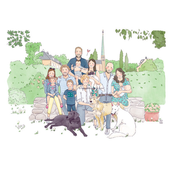 Portrait de famille nombreuse Décor maison village chiens Illustration originale Les Petits Brins d'Isabelle - Tous droits réservés