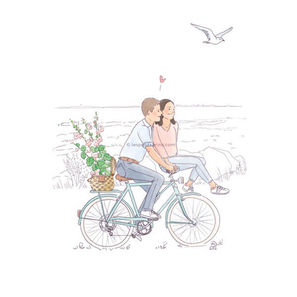 Portrait de couple illustré sur mesure - Ile de Ré - Vélo - Illustration originale Les Petits Brins d'Isabelle - Tous droits réservés