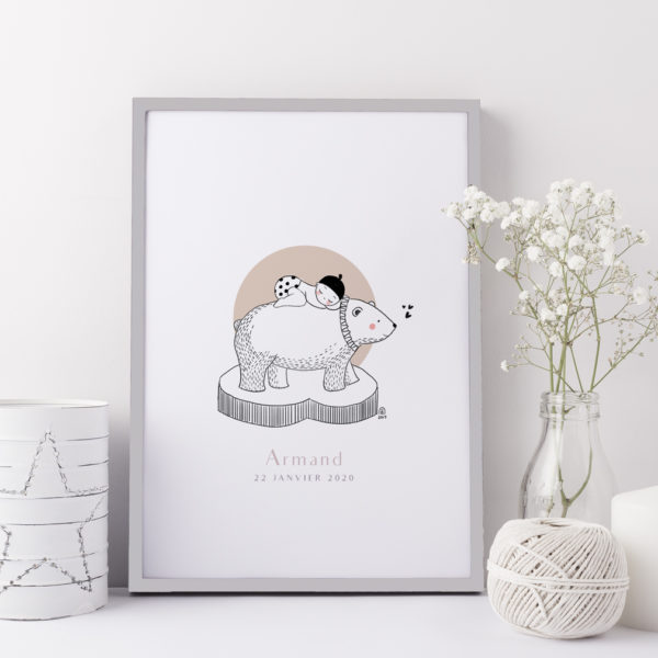 Affiche cadeau de naissance bébé personnalisable ours polaire