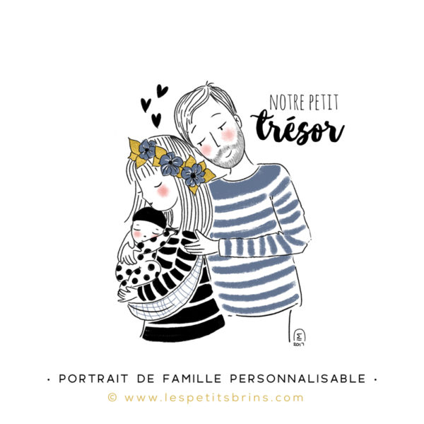 Illustration portrait de famille semi-personnalisable 1 bébé - Gris ardoise