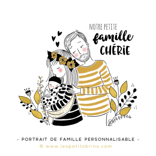 Illustration portrait de famille semi-personnalisable 1 bébé - Gris ardoise