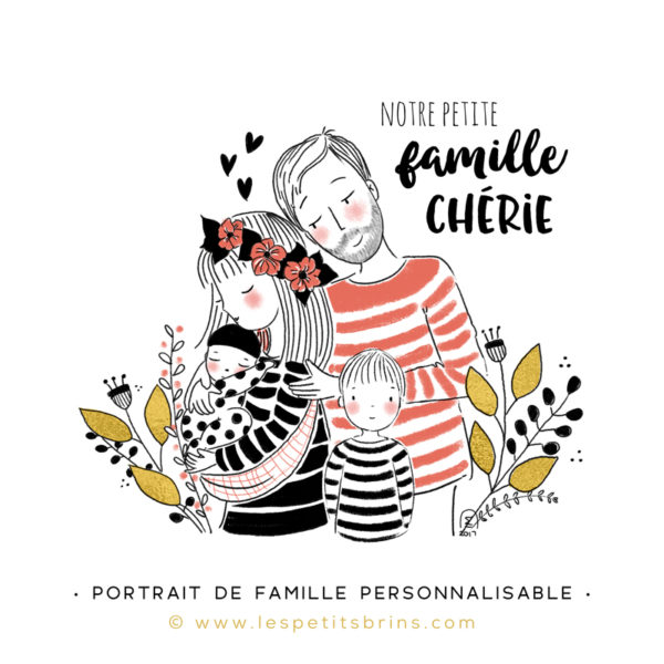 Illustration portrait de famille semi-personnalisable 2 enfants - Rose antique - Fleurs