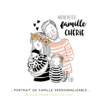 Illustration portrait de famille semi-personnalisable 2 enfants - Rose poudré