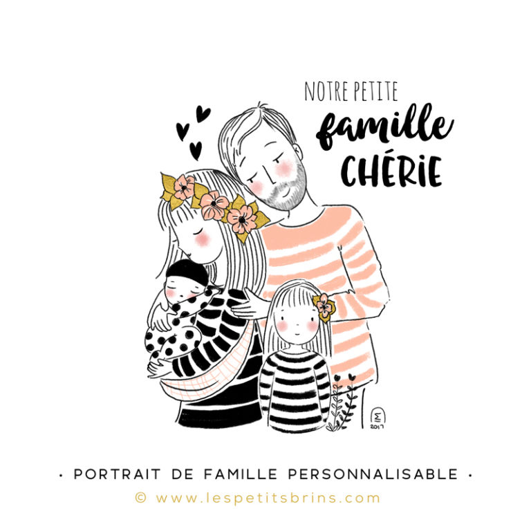 Illustration portrait de famille semi-personnalisable 2 enfants - Rose poudré