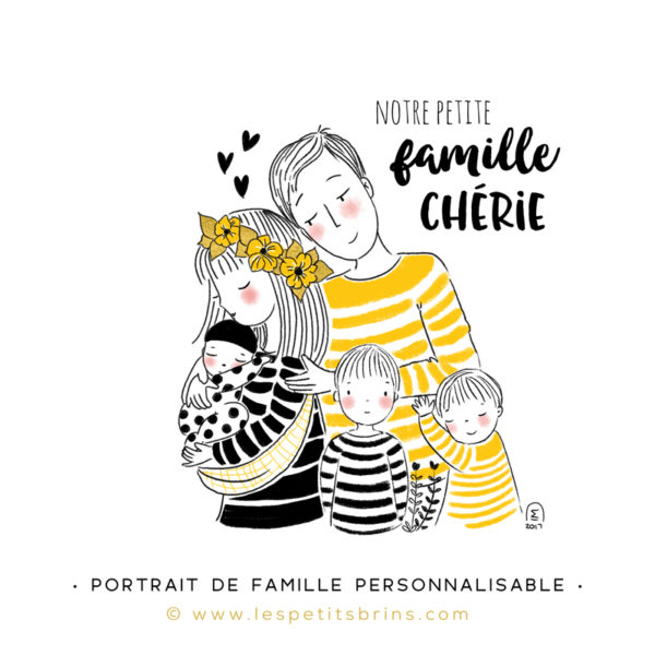 Illustration portrait de famille semi-personnalisable 3 enfants - Jaune