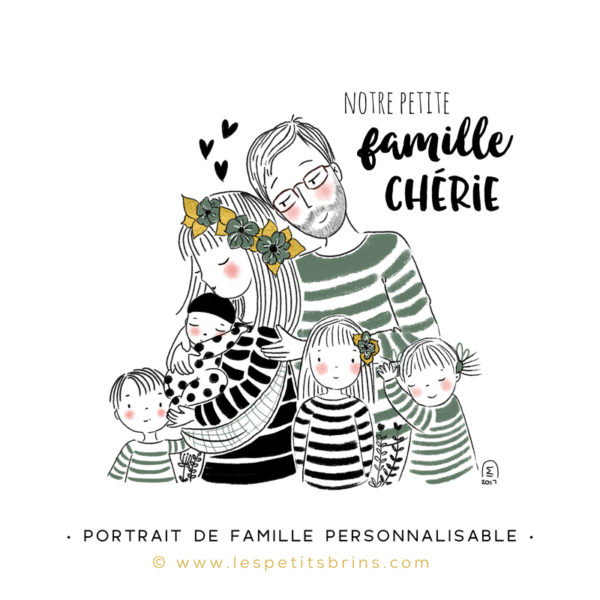 Illustration portrait de famille semi-personnalisable 4 enfants - Eucalyptus