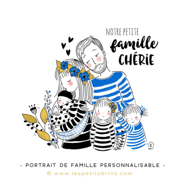 Illustration portrait de famille semi-personnalisable 3 enfants - Mint