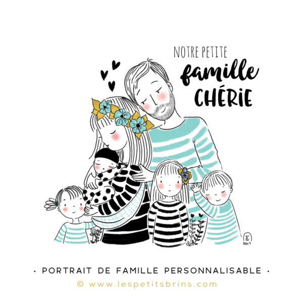 Illustration portrait de famille semi-personnalisable 4 enfants - Mint