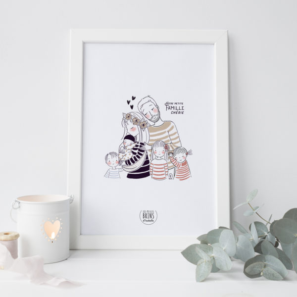 Illustration portrait de famille semi-personnalisable 4 enfants