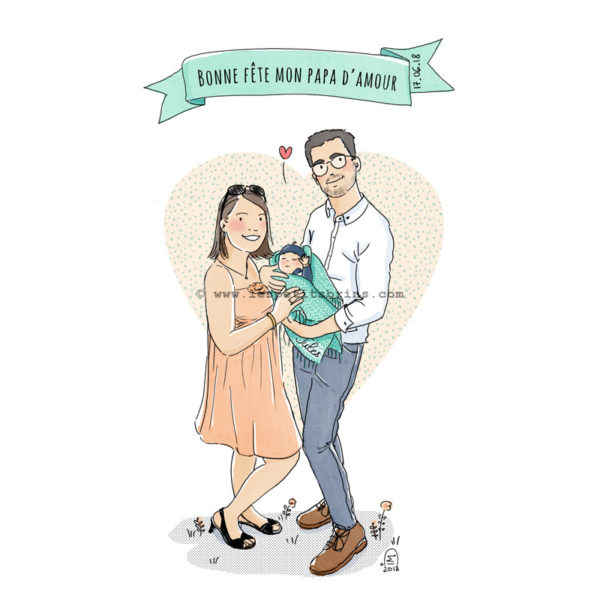 Illustration portrait de famille - Faire-part de naissance - Fête des Pères
