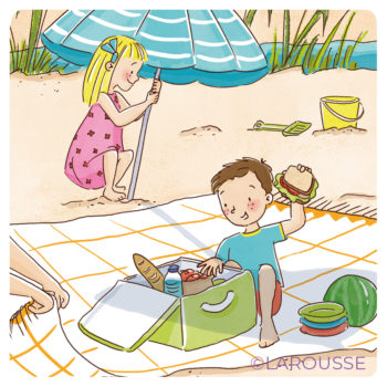 Illustration jeunesse vive l'été - le pique-nique à la plage - LAROUSSE