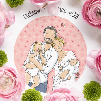 Portrait de famille illustré personnalisé - Faire part de naissance