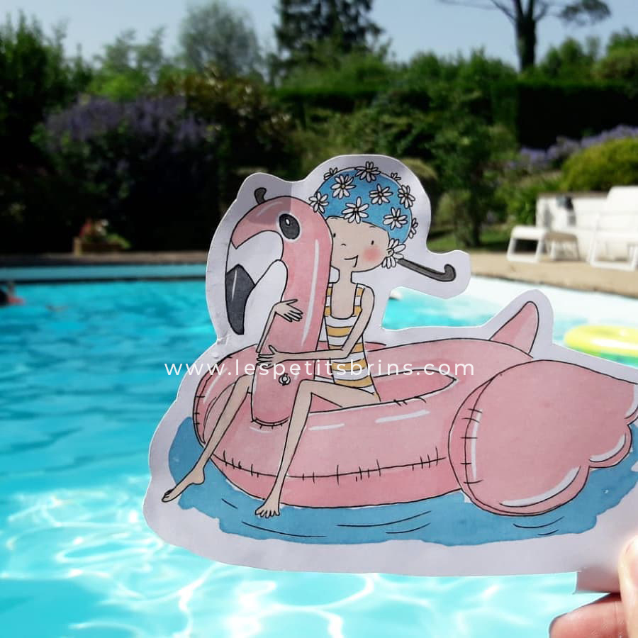 Illustration jeunesse piscine bouée flamant rose