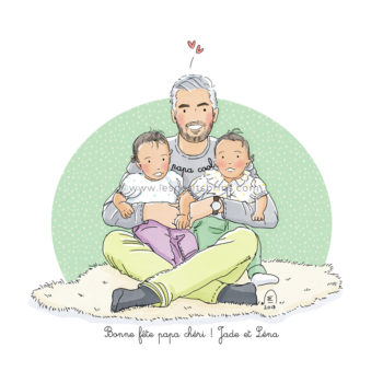 Portrait de famille dessiné personnalisé illustration jumelles jueaux twins