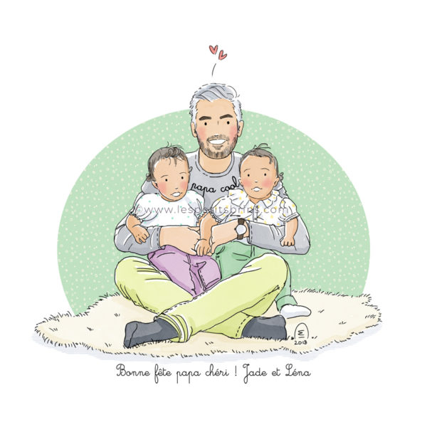 Portrait de famille dessiné personnalisé illustration jumelles jueaux twins