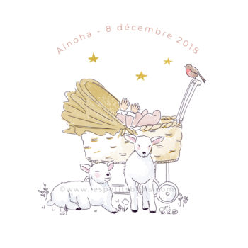 Faire-part de naissance illustré - Illustration moutons, berceau personnalible