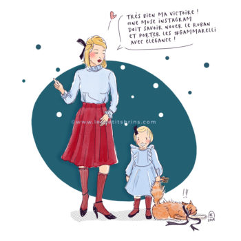 Illustration originale humour maman fillette chat chaussettes