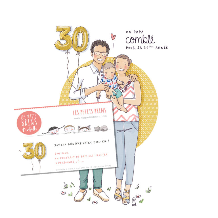 Bon pour cadeau d'un portrait de famille illustré et personnalisé. Une illustration sur mesure