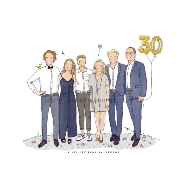 Portrait de famille illustré personnalisé pour un anniversaire de mariage.