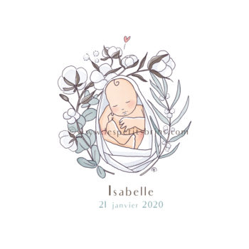 Faire part de naissance illustré coton cocon eucalyptus