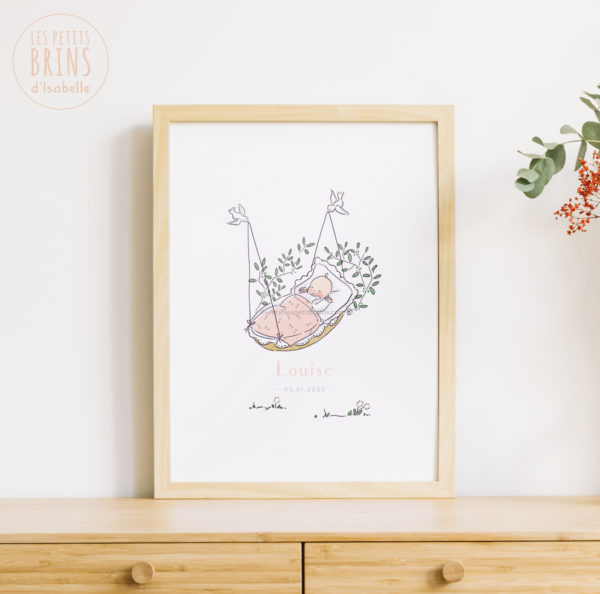 Affiche cadeau de naissance pour bébé à personnaliser. Déco originale, couffin oiseaux