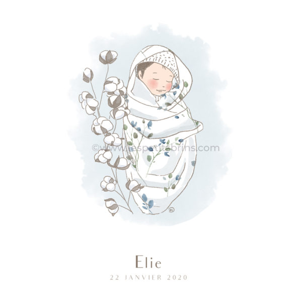 Affiche cadeau de naissance pour bébé à personnaliser. Déco originale, bébé dans son lange et coton