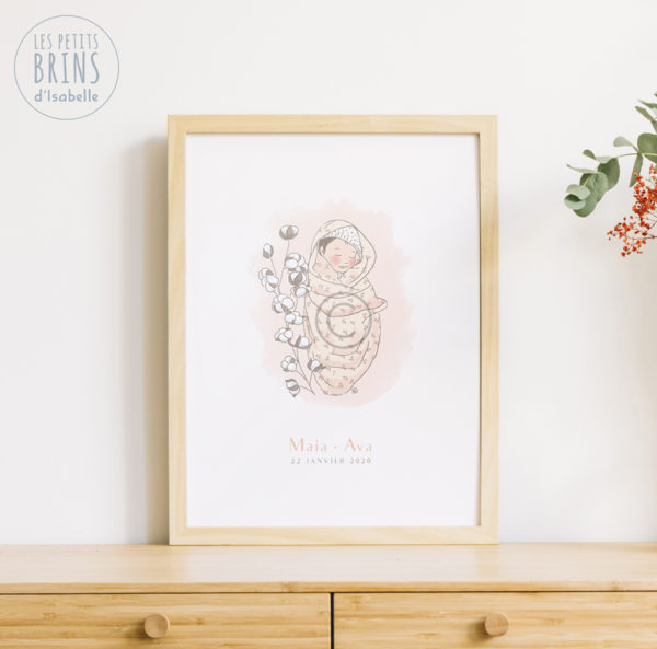 Affiche cadeau de naissance pour bébé à personnaliser. Déco originale, bébé dans son lange et coton