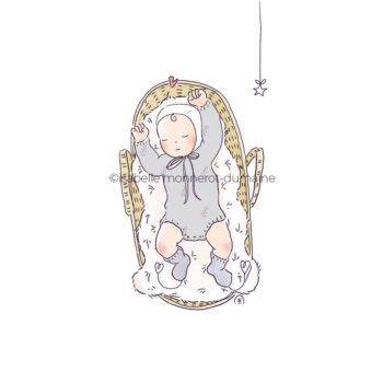 Faire-part de naissance bébé et son béguin dans son couffin en osier rotin sur le dos