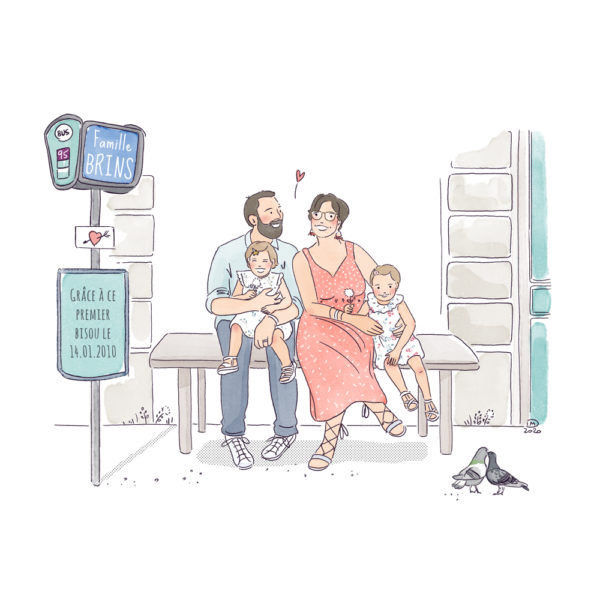 Illustration portrait de famille personnalisé - sur mesure - arrêt de bus