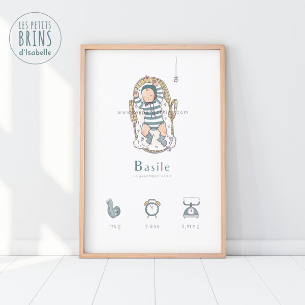 Affiche naissance bébé personnalisable couffin en rotin rétro, style vintage et épurée.