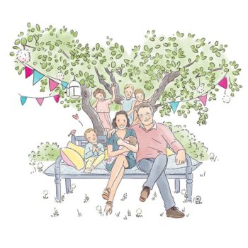 Illustration portrait de famille pour un faire-part de naissance - Isabelle Monnerot-Dumaine, illustratrice.