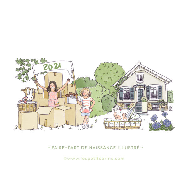 faire part de naissance illustré - Illustration de famille personnalisée