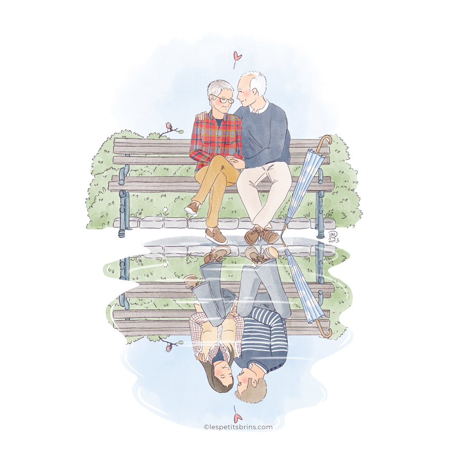 Illustration sur mesure portrait de couple : reflet du temps qui passe
